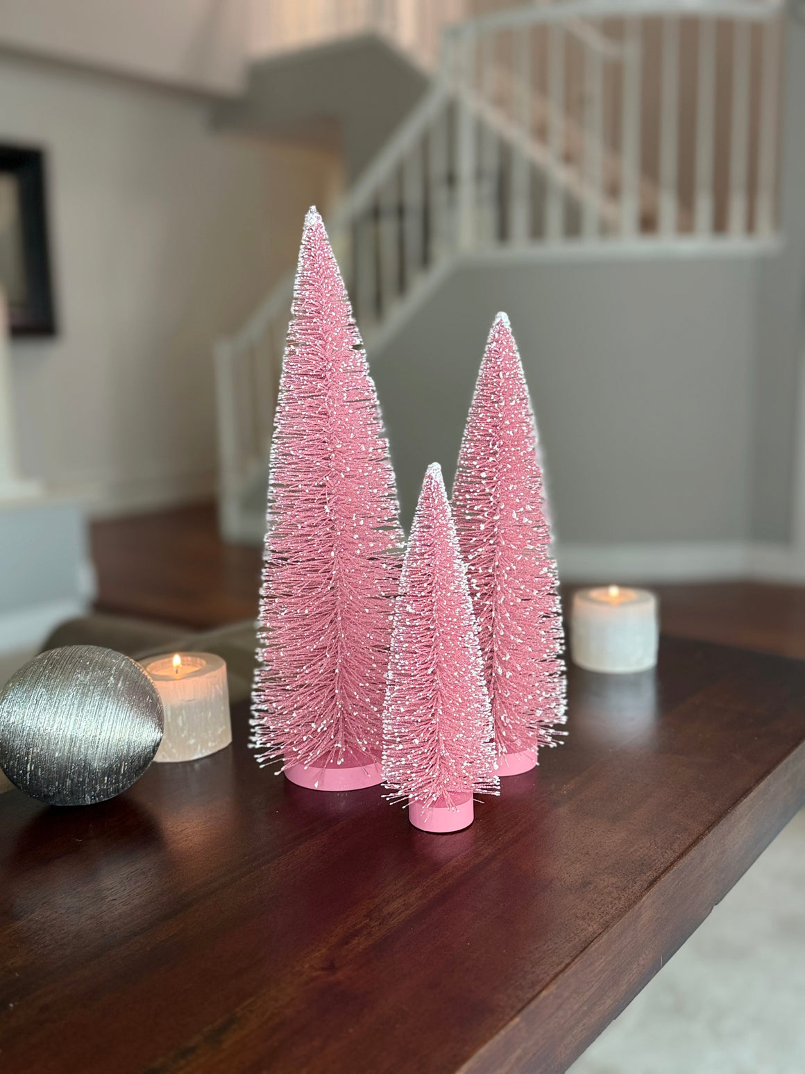 Christmas Bottle Brush Trees Set of 3 in Sparkling Pink with Snowy White Tips, 15 Inches,12 Inches and 9 Inches High on Wood Bases