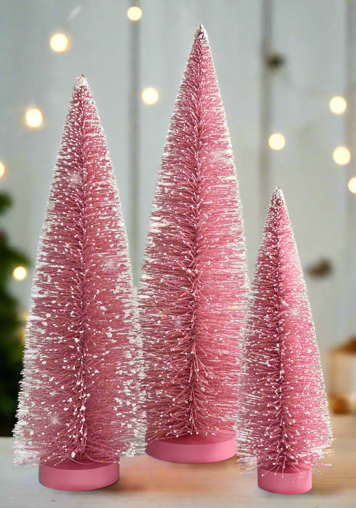 Christmas Bottle Brush Trees Set of 3 in Sparkling Pink with Snowy White Tips, 15 Inches,12 Inches and 9 Inches High on Wood Bases