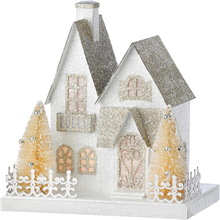 Christmas Lighted Village House Decoration in Glittered White and Gold, 9 x 8.25 Inches, Battery Operated with Timer, Sisal Christmas Trees and Cut Paper