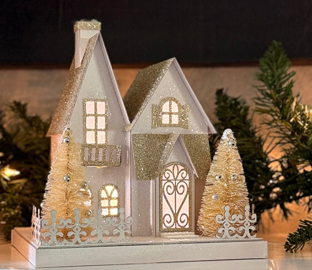 Christmas Lighted Village House Decoration in Glittered White and Gold, 9 x 8.25 Inches, Battery Operated with Timer, Sisal Christmas Trees and Cut Paper