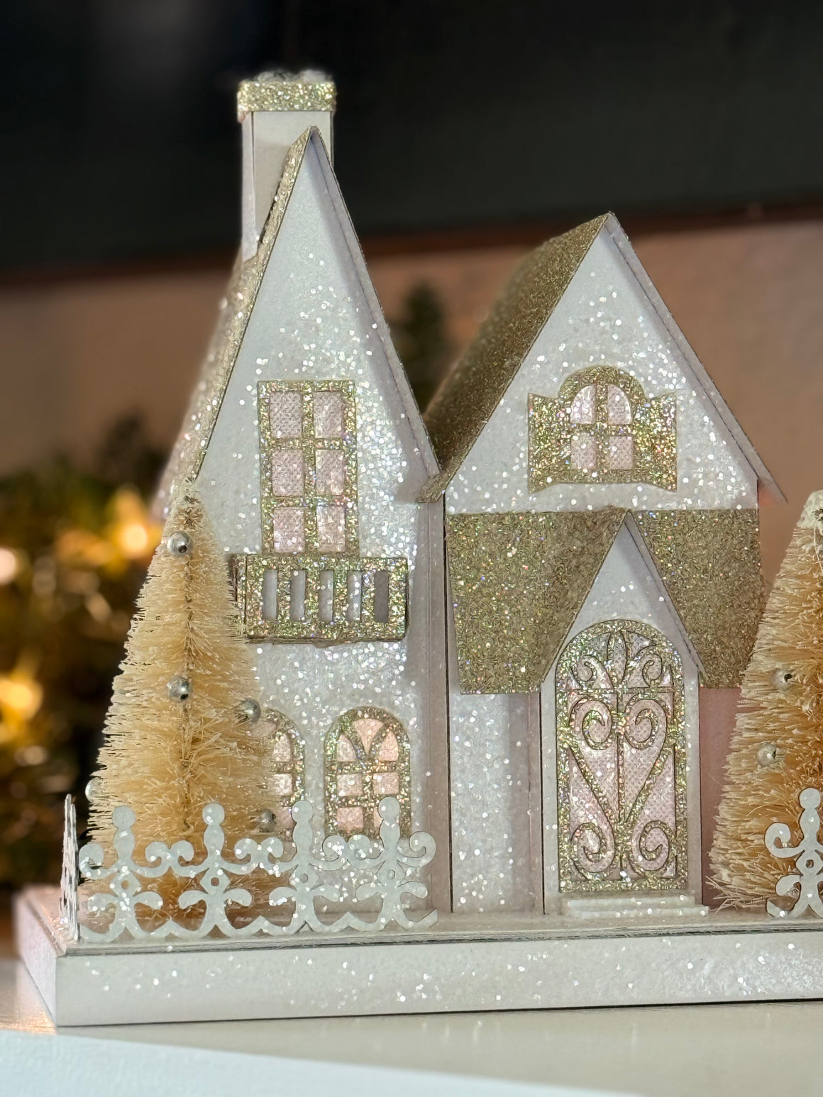 Christmas Lighted Village House Decoration in Glittered White and Gold, 9 x 8.25 Inches, Battery Operated with Timer, Sisal Christmas Trees and Cut Paper