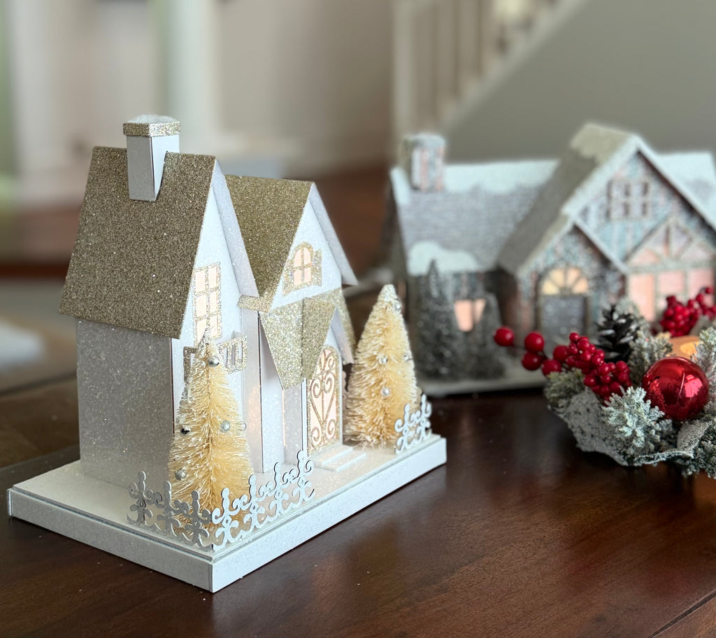 Christmas Lighted Village House Decoration in Glittered White and Gold, 9 x 8.25 Inches, Battery Operated with Timer, Sisal Christmas Trees and Cut Paper