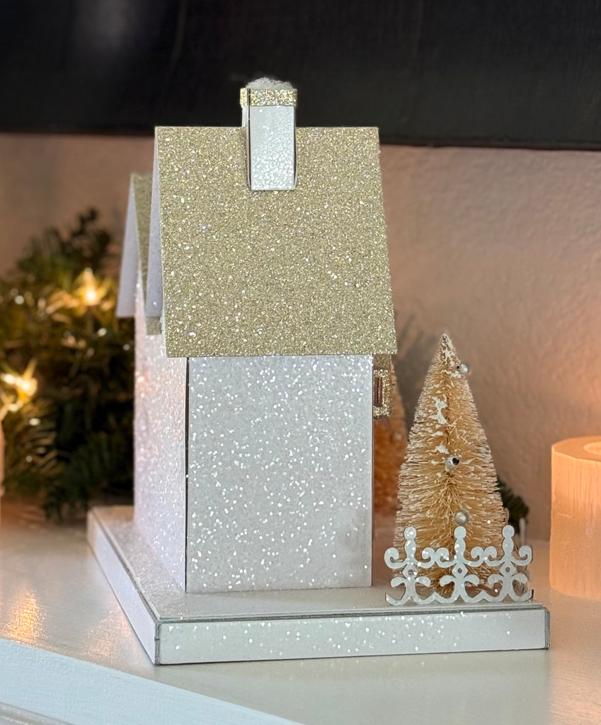 Christmas Lighted Village House Decoration in Glittered White and Gold, 9 x 8.25 Inches, Battery Operated with Timer, Sisal Christmas Trees and Cut Paper