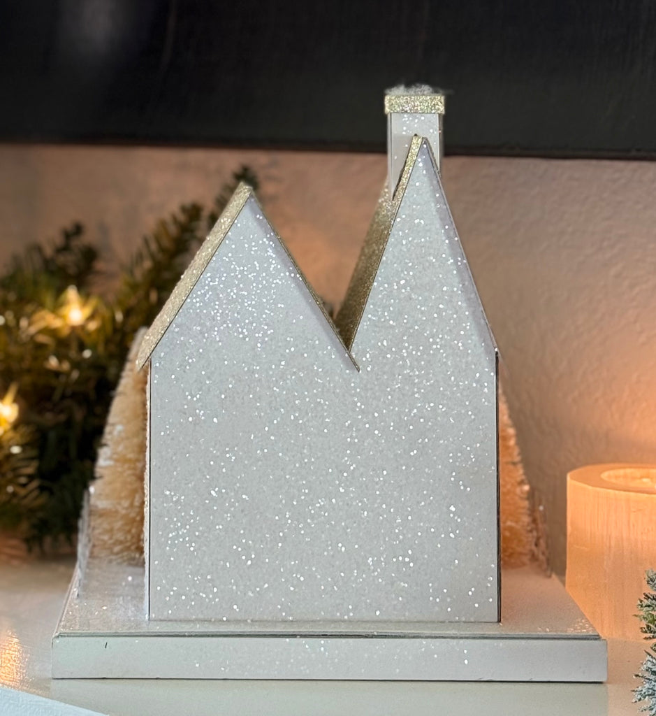 Christmas Lighted Village House Decoration in Glittered White and Gold, 9 x 8.25 Inches, Battery Operated with Timer, Sisal Christmas Trees and Cut Paper
