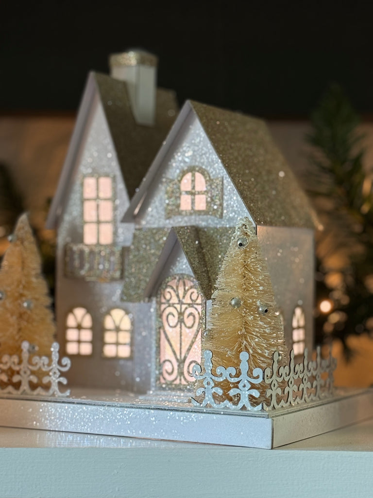 Christmas Lighted Village House Decoration in Glittered White and Gold, 9 x 8.25 Inches, Battery Operated with Timer, Sisal Christmas Trees and Cut Paper