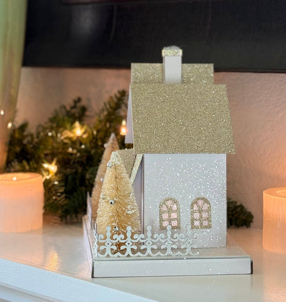 Christmas Lighted Village House Decoration in Glittered White and Gold, 9 x 8.25 Inches, Battery Operated with Timer, Sisal Christmas Trees and Cut Paper