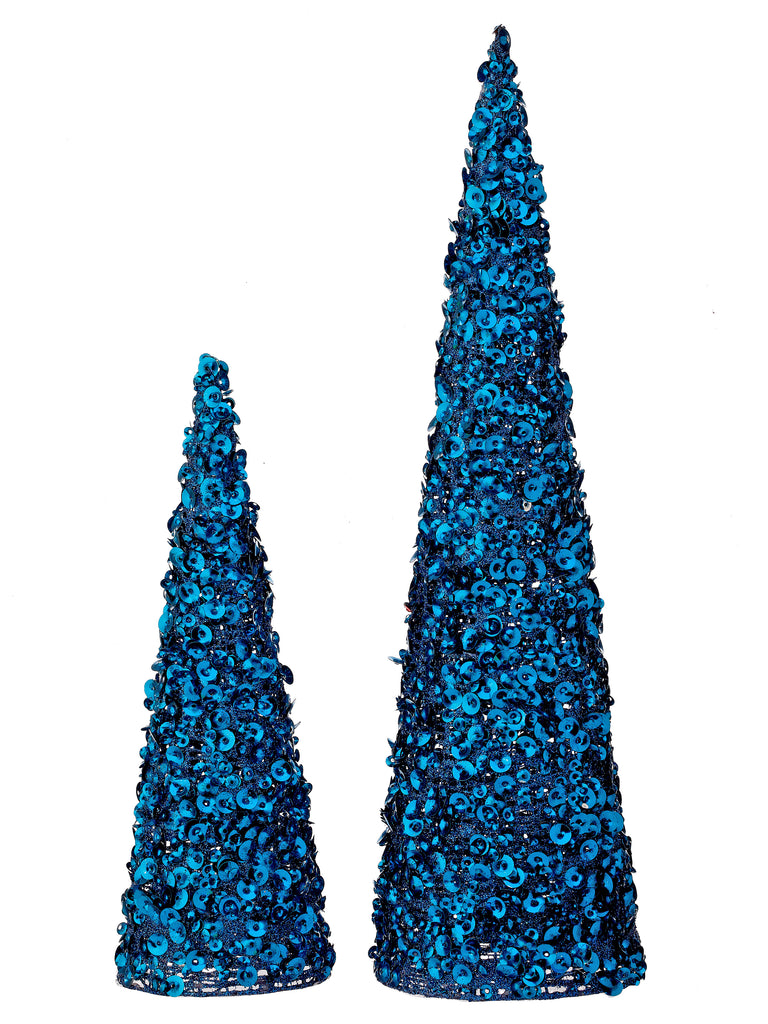 Set of 2 Sequined and Glittered Blue Christmas Cone Trees 12 Inches and 18 Inches High
