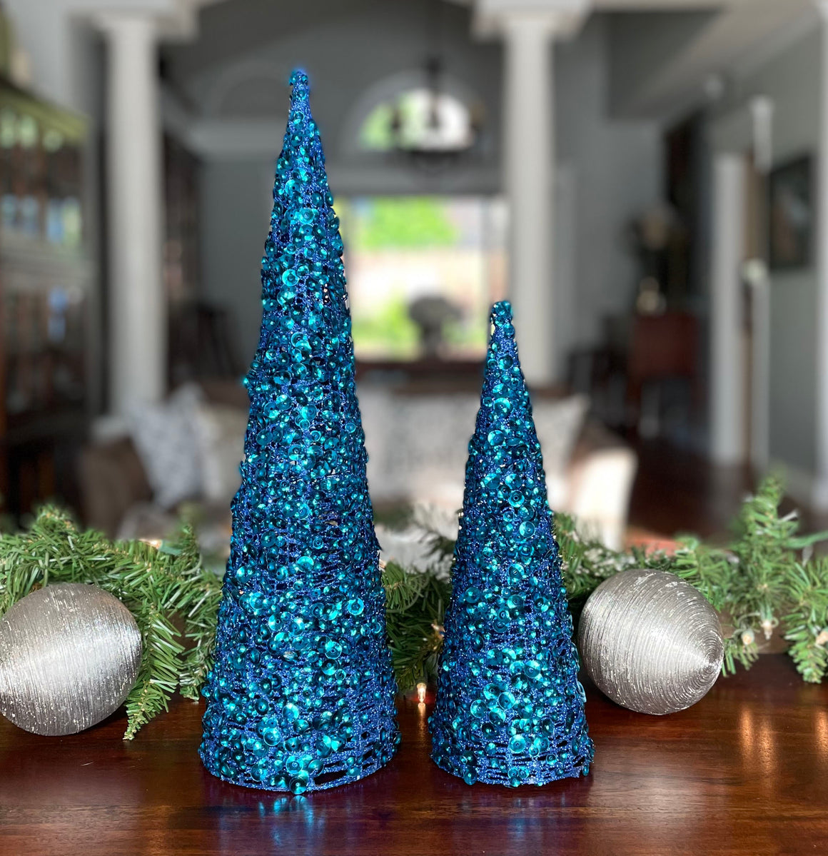 Set of 2 Sequined and Glittered Blue Christmas Cone Trees 12 Inches and 18 Inches High
