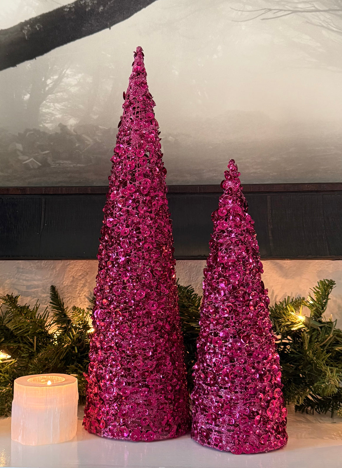 Pink Sequined Christmas Cone Trees, Set of 2 are 12 and 18 Inches High, Glittered Holiday Decor