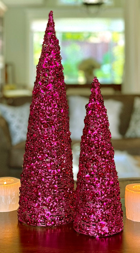 Pink Sequined Christmas Cone Trees, Set of 2 are 12 and 18 Inches High, Glittered Holiday Decor