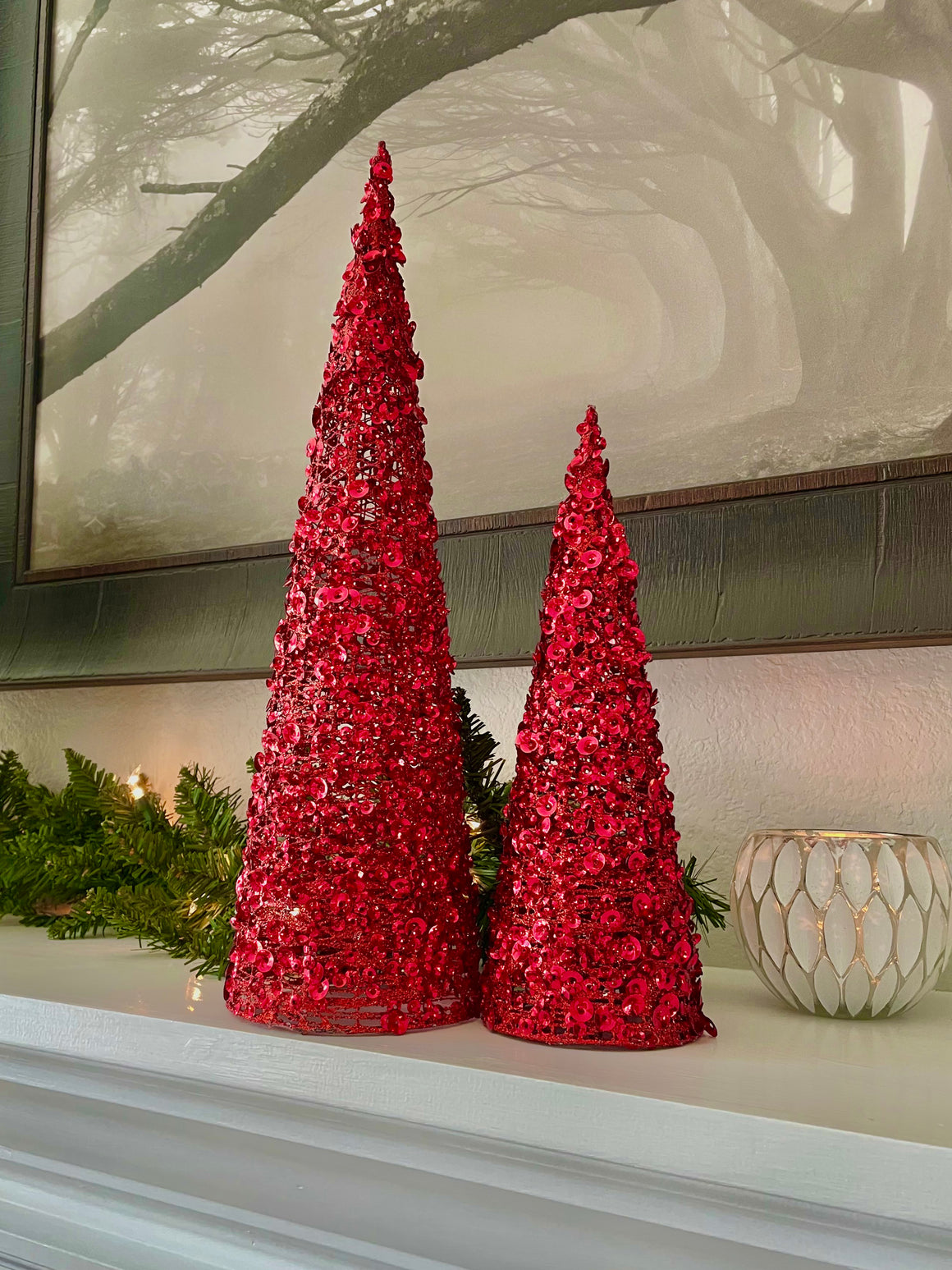 Set of 2 Sequined and Glittered Red Christmas Cone Trees 12 Inches and 18 Inches High