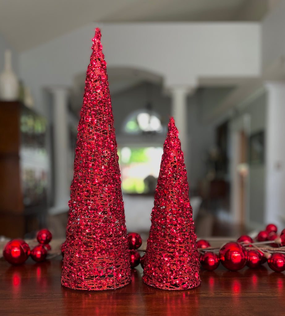 Set of 2 Sequined and Glittered Red Christmas Cone Trees 12 Inches and 18 Inches High
