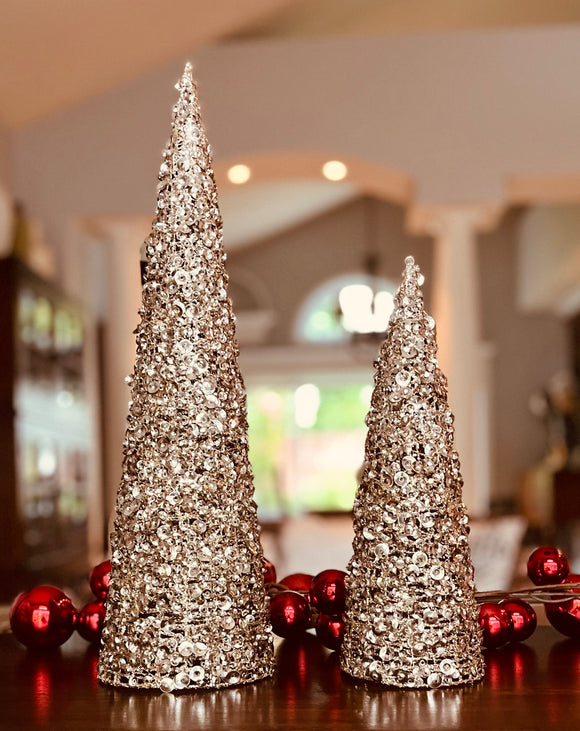 Set of 2 Sequined and Glittered Champagne Gold Christmas Cone Trees 12 Inches and 18 Inches High