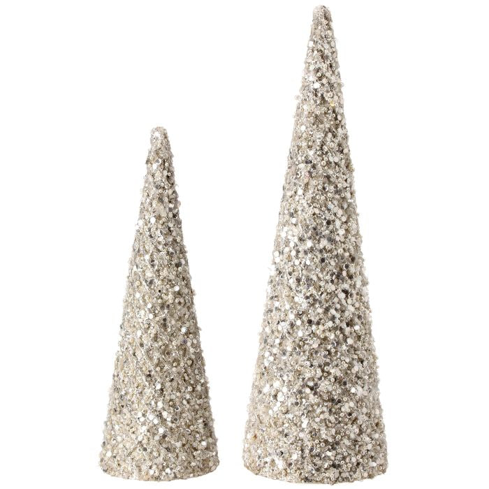Decorative Silver Pearl Christmas Cone Trees, 18 and 14 Inch, Jeweled Holiday Topiary Set of 2