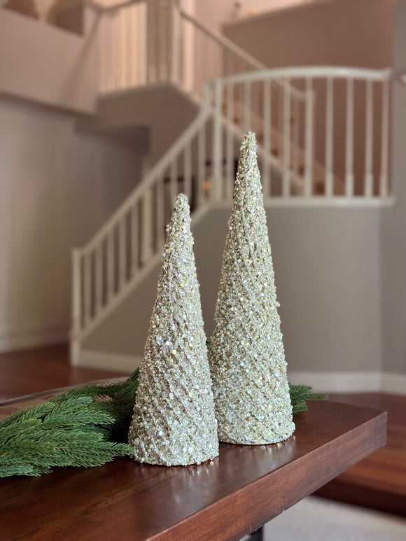Decorative Silver Pearl Christmas Cone Trees, 18 and 14 Inch, Jeweled Holiday Topiary Set of 2