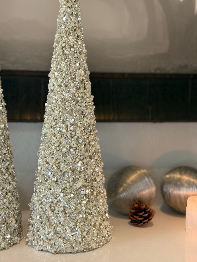 Decorative Silver Pearl Christmas Cone Trees, 18 and 14 Inch, Jeweled Holiday Topiary Set of 2