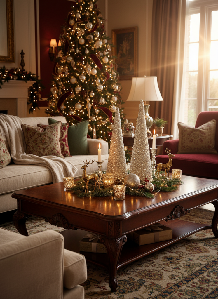 Two 18" high silver glittery cone-shaped decorations on a mantelpiece with candles and pinecones.