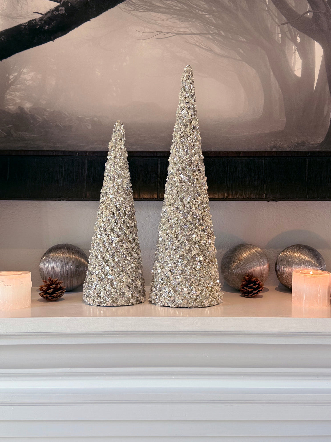 Decorative Silver Pearl Christmas Cone Trees, 18 and 14 Inch, Jeweled Holiday Topiary Set of 2