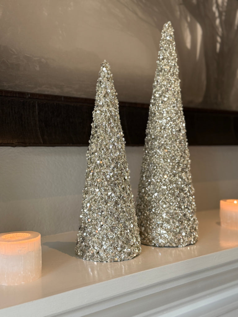 Decorative Silver Pearl Christmas Cone Trees, 18 and 14 Inch, Jeweled Holiday Topiary Set of 2