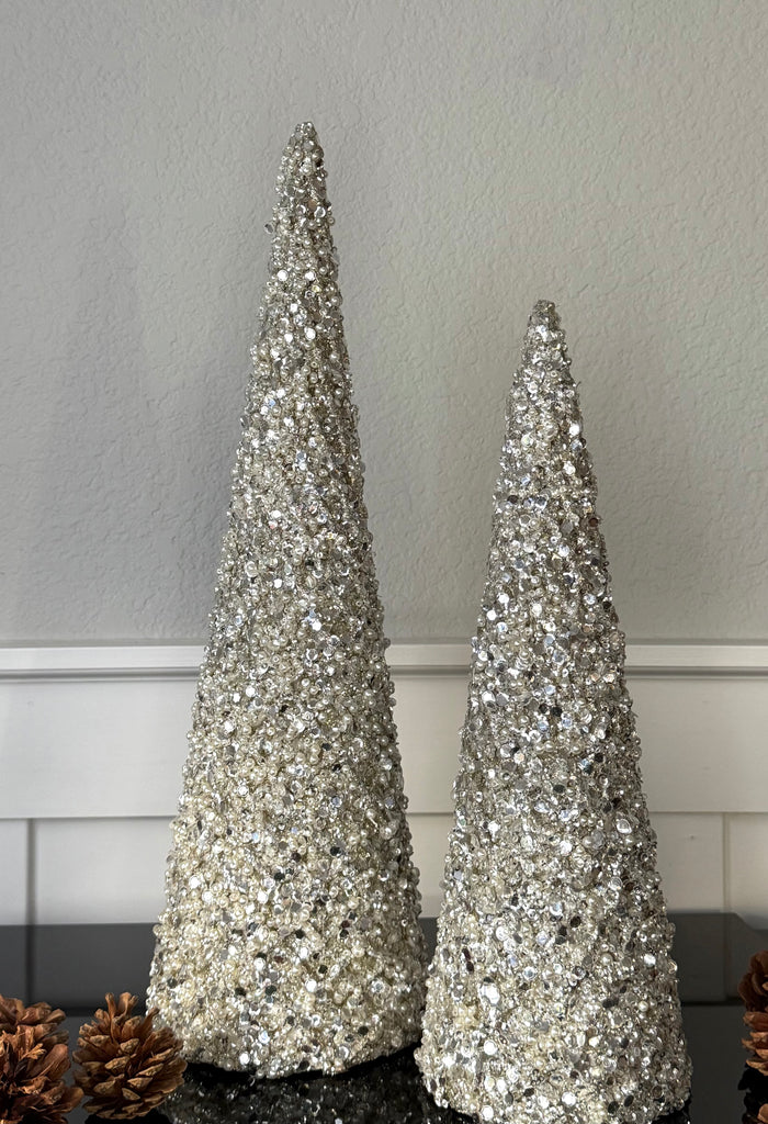 Decorative Silver Pearl Christmas Cone Trees, 18 and 14 Inch, Jeweled Holiday Topiary Set of 2