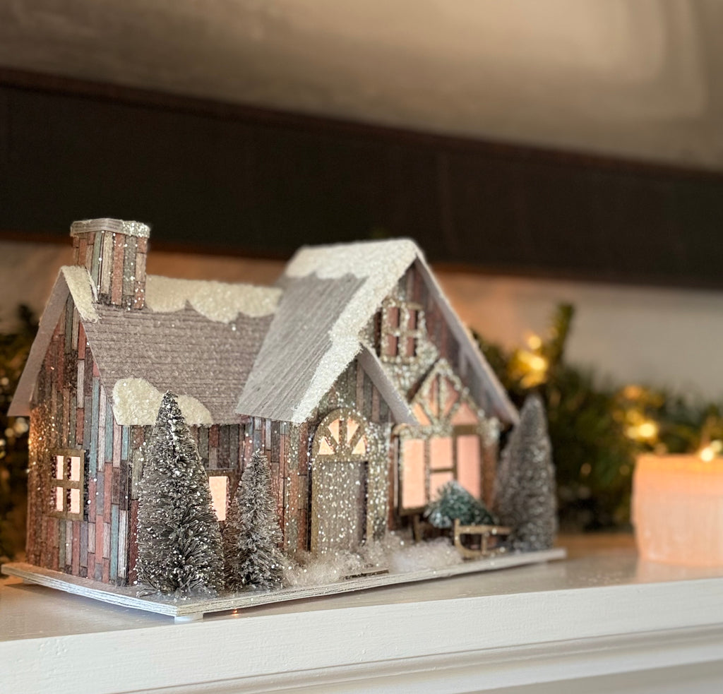TenWaterloo Lighted Christmas Village House with Timer, 11" x 7.5", Battery Operated, Glittered Snowy Cabin with Sisal Trees and Cut Paper