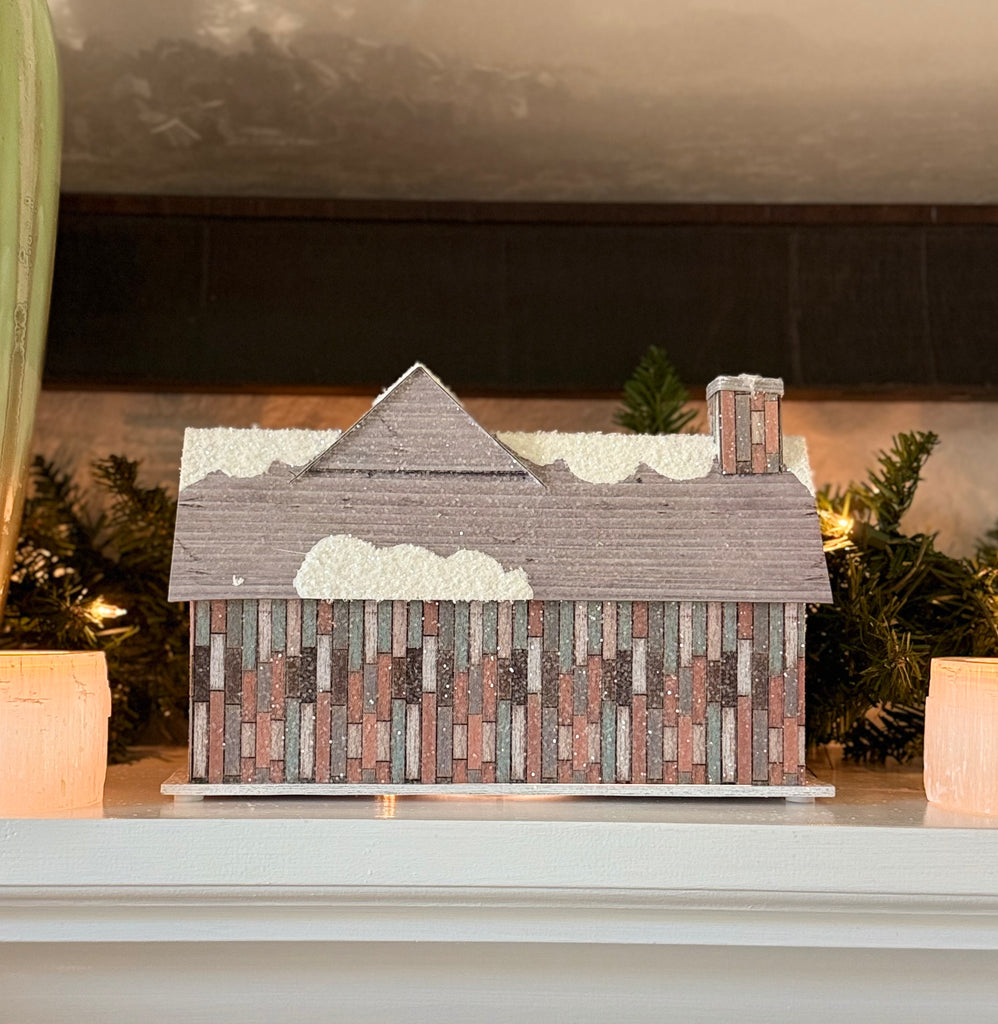TenWaterloo Lighted Christmas Village House with Timer, 11" x 7.5", Battery Operated, Glittered Snowy Cabin with Sisal Trees and Cut Paper