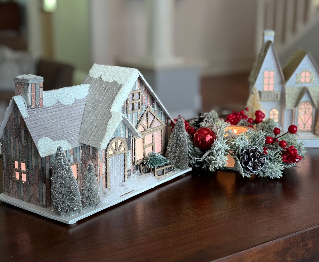 TenWaterloo Lighted Christmas Village House with Timer, 11" x 7.5", Battery Operated, Glittered Snowy Cabin with Sisal Trees and Cut Paper