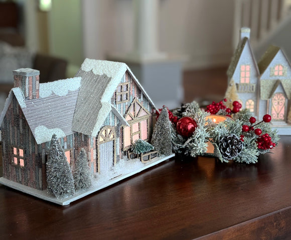 TenWaterloo Lighted Christmas Village House with Timer, 11" x 7.5", Battery Operated, Glittered Snowy Cabin with Sisal Trees and Cut Paper