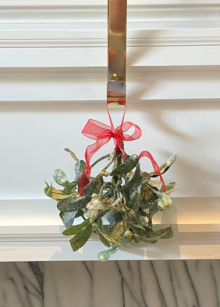 Artificial Sparkling Frosted Christmas Mistletoe Plant Decoration, 8 Inches Long, with Red Ribbon Accent, Hanging Ornament