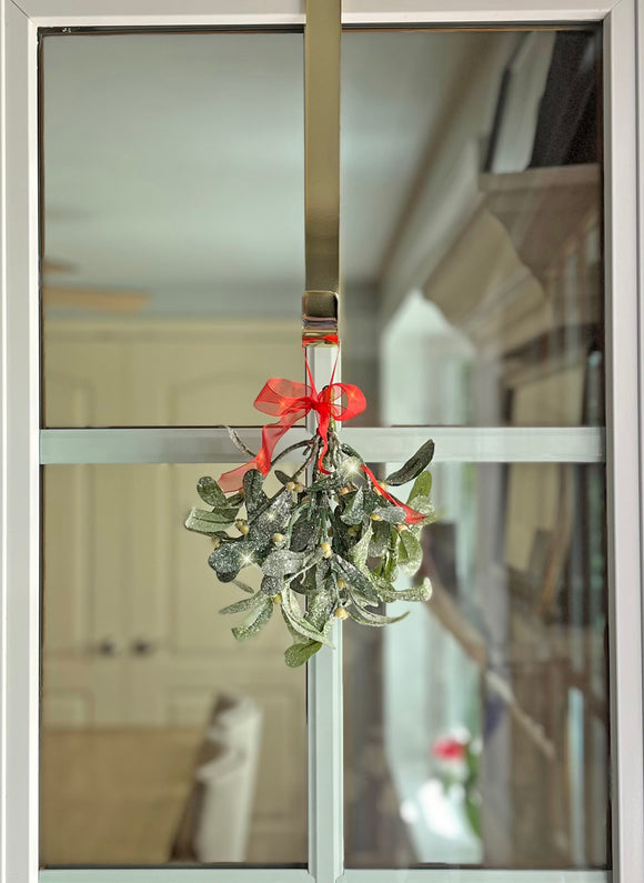 Artificial Sparkling Frosted Christmas Mistletoe Plant Decoration, 8 Inches Long, with Red Ribbon Accent, Hanging Ornament