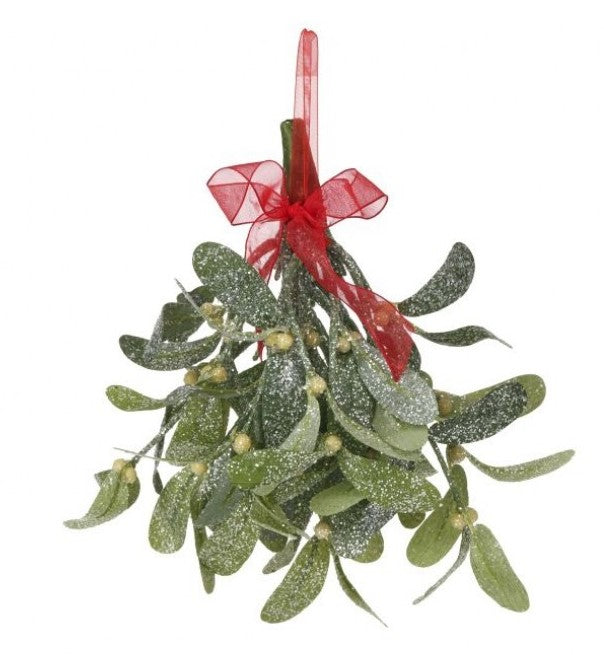 Artificial Sparkling Frosted Christmas Mistletoe Plant Decoration, 8 Inches Long, with Red Ribbon Accent, Hanging Ornament