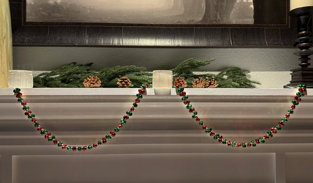 Christmas Jingle Bell Garland, 58 Inch, Red and Green Metal Bells with Gold Beads, Holiday Decoration, 4'10" Long