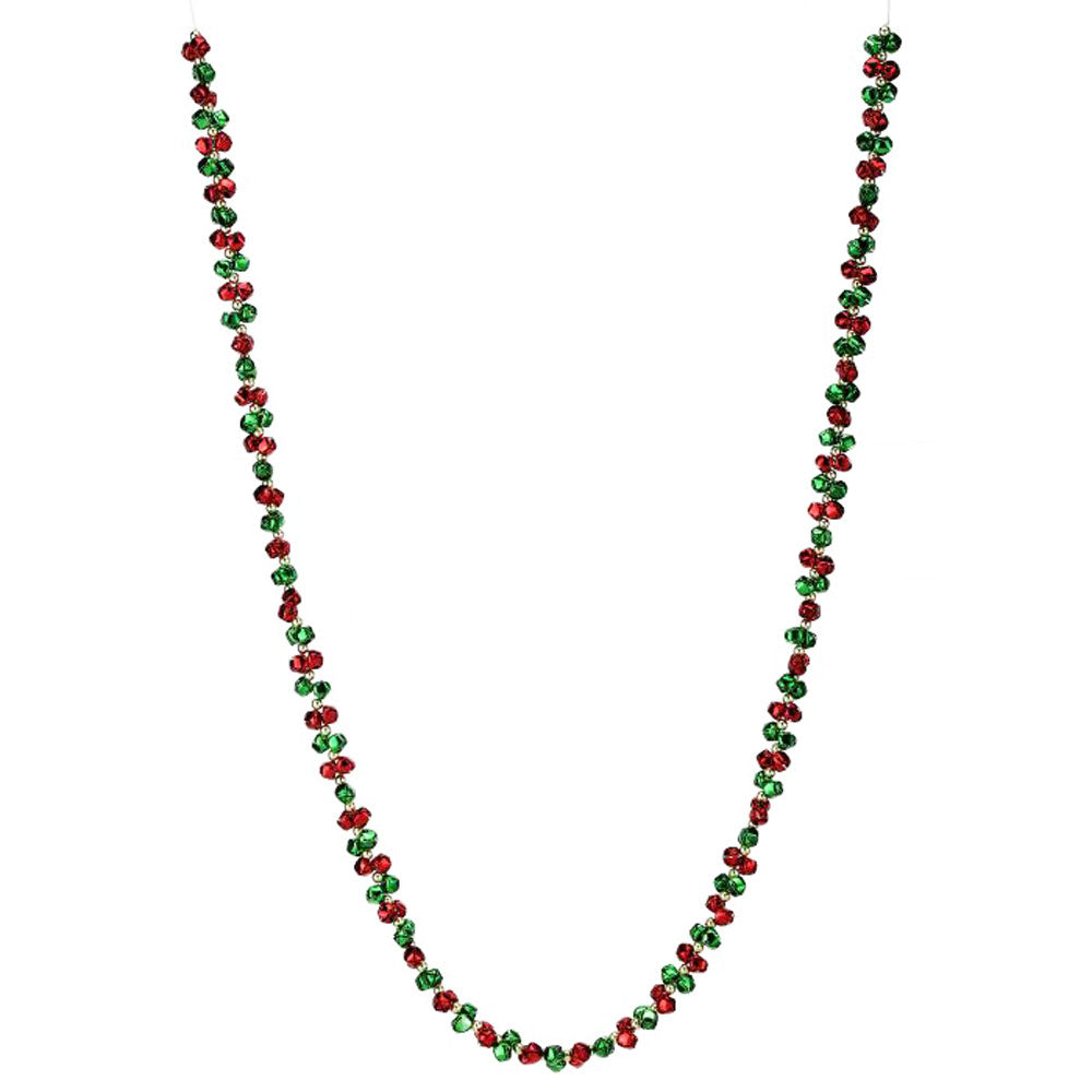 Christmas Jingle Bell Garland, 58 Inch, Red and Green Metal Bells with Gold Beads, Holiday Decoration, 4'10" Long