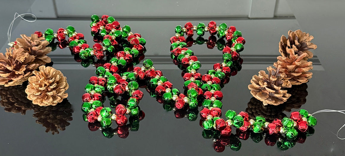 Christmas Jingle Bell Garland, 58 Inch, Red and Green Metal Bells with Gold Beads, Holiday Decoration, 4'10" Long