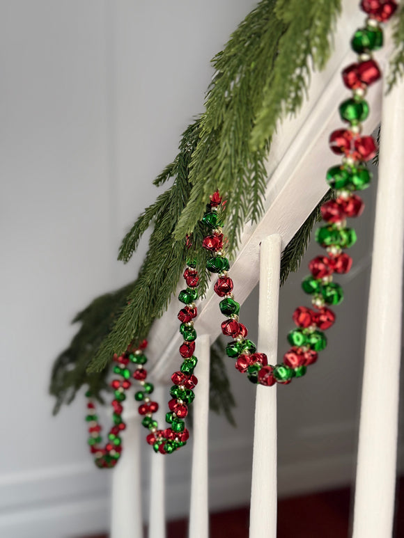 Christmas Jingle Bell Garland, 58 Inch, Red and Green Metal Bells with Gold Beads, Holiday Decoration, 4'10" Long
