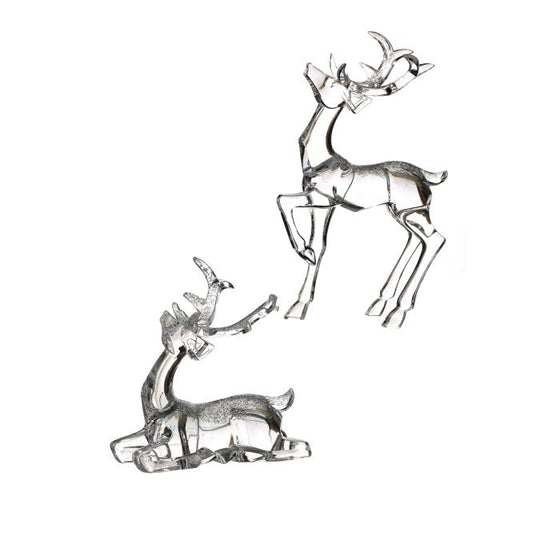 Crystal-Look Acrylic Reindeer Sculptures, Set of 2, Clear with Glitter Accents, 7 Inches and 4.5 Inches High