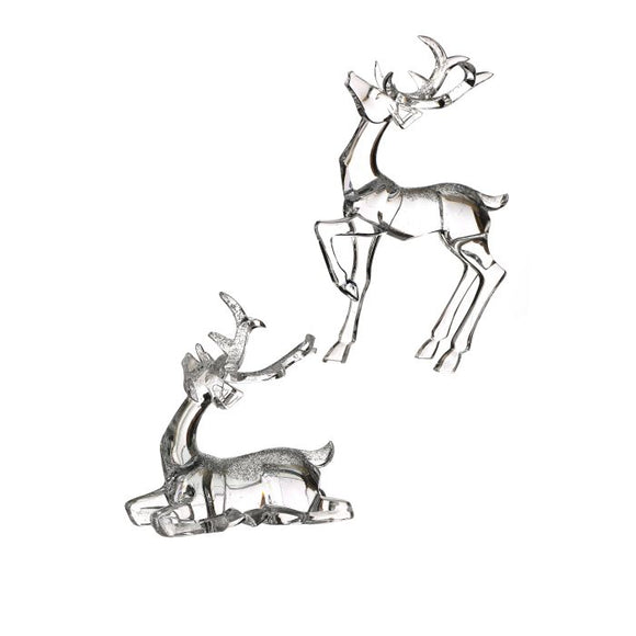Crystal-Look Acrylic Reindeer Sculptures, Set of 2, Clear with Glitter Accents, 7 Inches and 4.5 Inches High