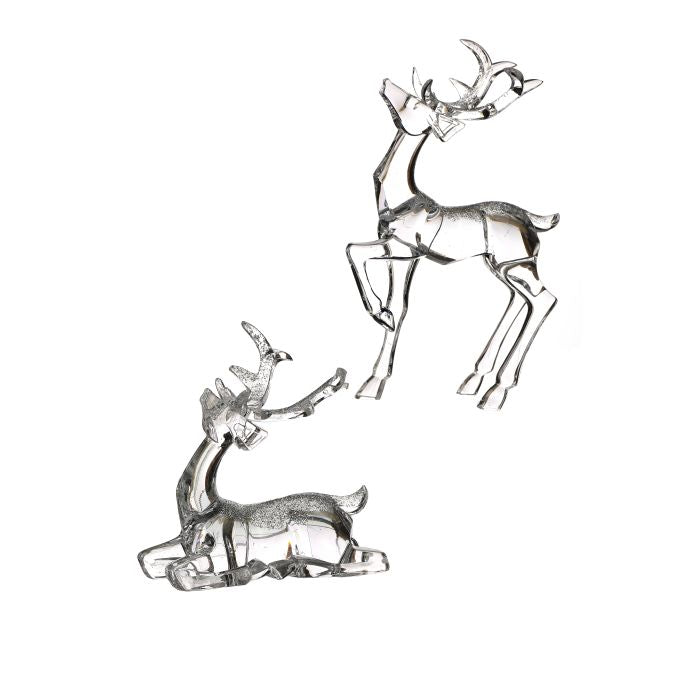 Crystal-Look Acrylic Reindeer Sculptures, Set of 2, Clear with Glitter Accents, 7 Inches and 4.5 Inches High