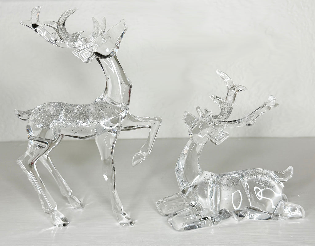 Crystal-Look Acrylic Reindeer Sculptures, Set of 2, Clear with Glitter Accents, 7 Inches and 4.5 Inches High