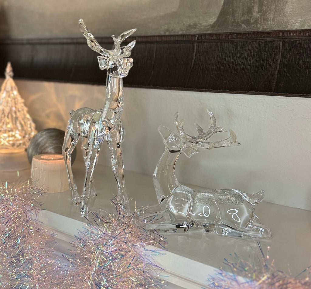 Crystal Look Acrylic Christmas Reindeer Sculptures, Set of 2, Glitter Accents, 11.5" and 7.5" High, Clear