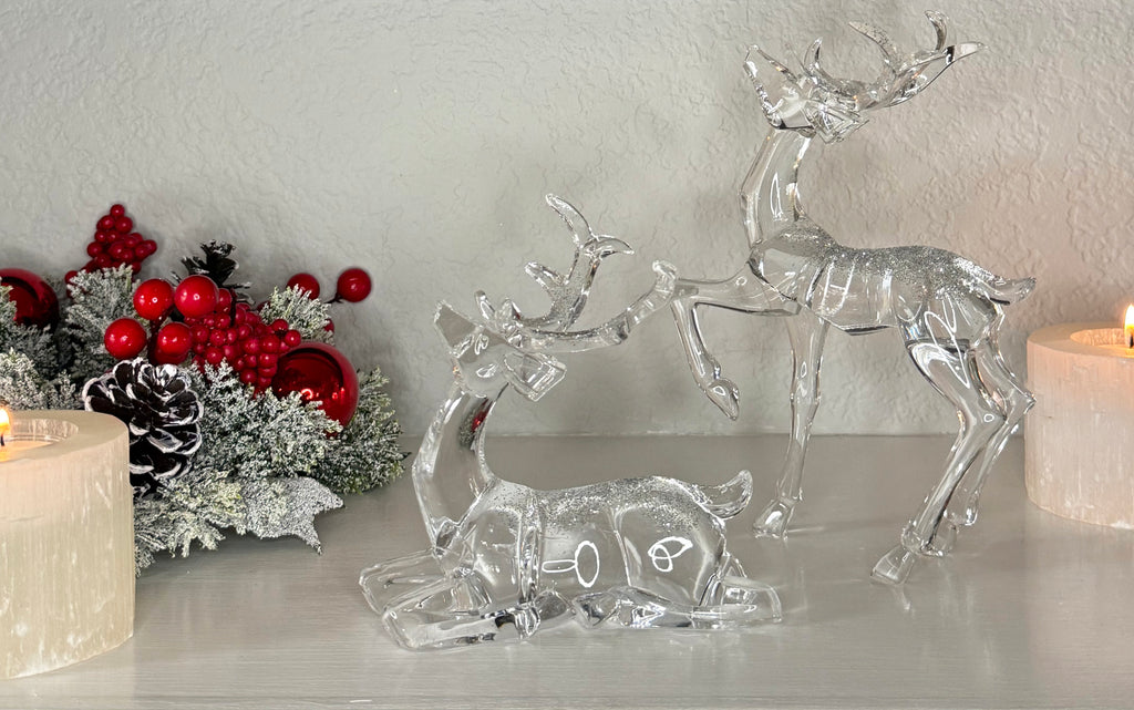 Crystal-Look Acrylic Reindeer Sculptures, Set of 2, Clear with Glitter Accents, 7 Inches and 4.5 Inches High