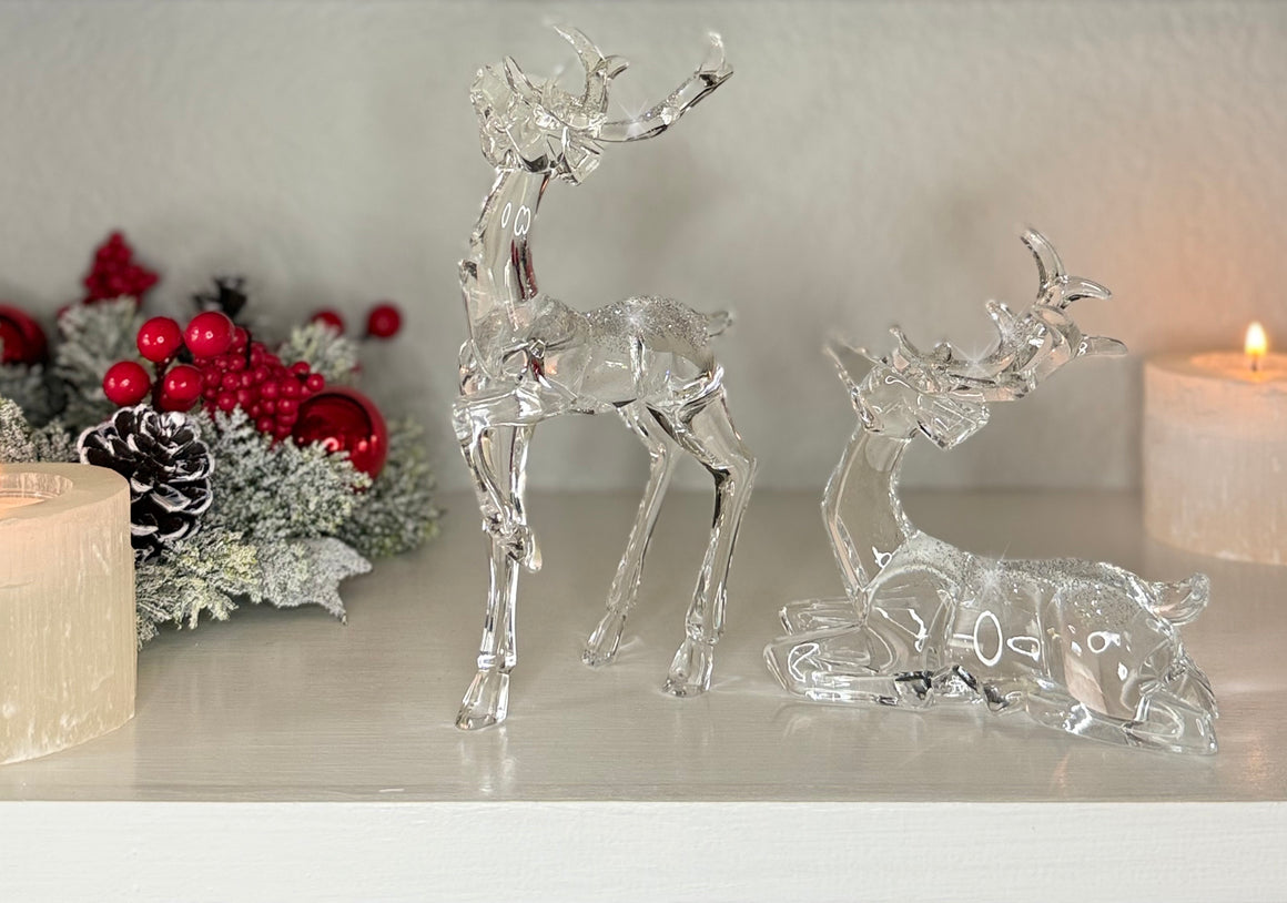 Crystal-Look Acrylic Reindeer Sculptures, Set of 2, Clear with Glitter Accents, 7 Inches and 4.5 Inches High