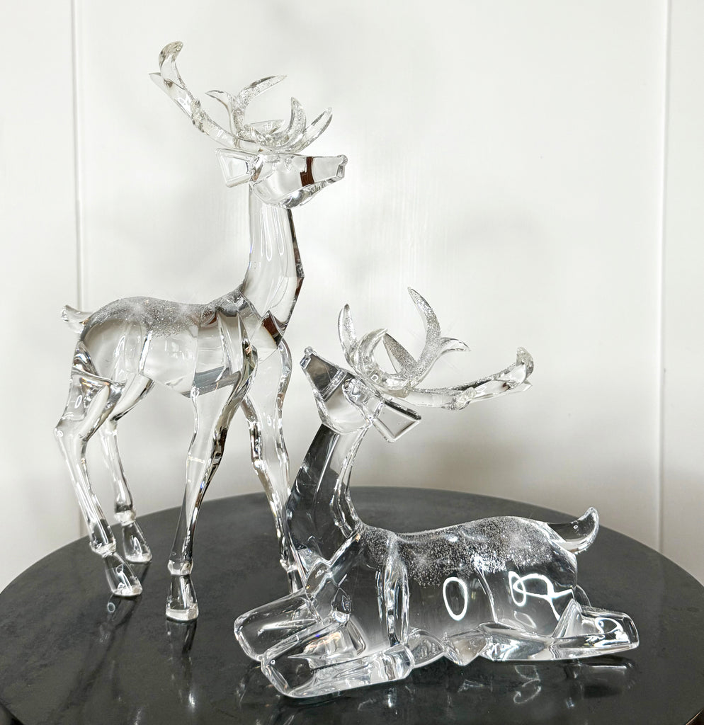 Crystal Look Acrylic Christmas Reindeer Sculptures, Set of 2, Glitter Accents, 11.5" and 7.5" High, Clear
