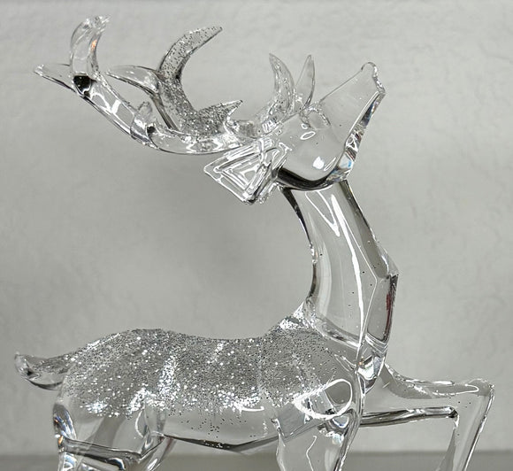 Crystal-Look Acrylic Reindeer Sculptures, Set of 2, Clear with Glitter Accents, 7 Inches and 4.5 Inches High