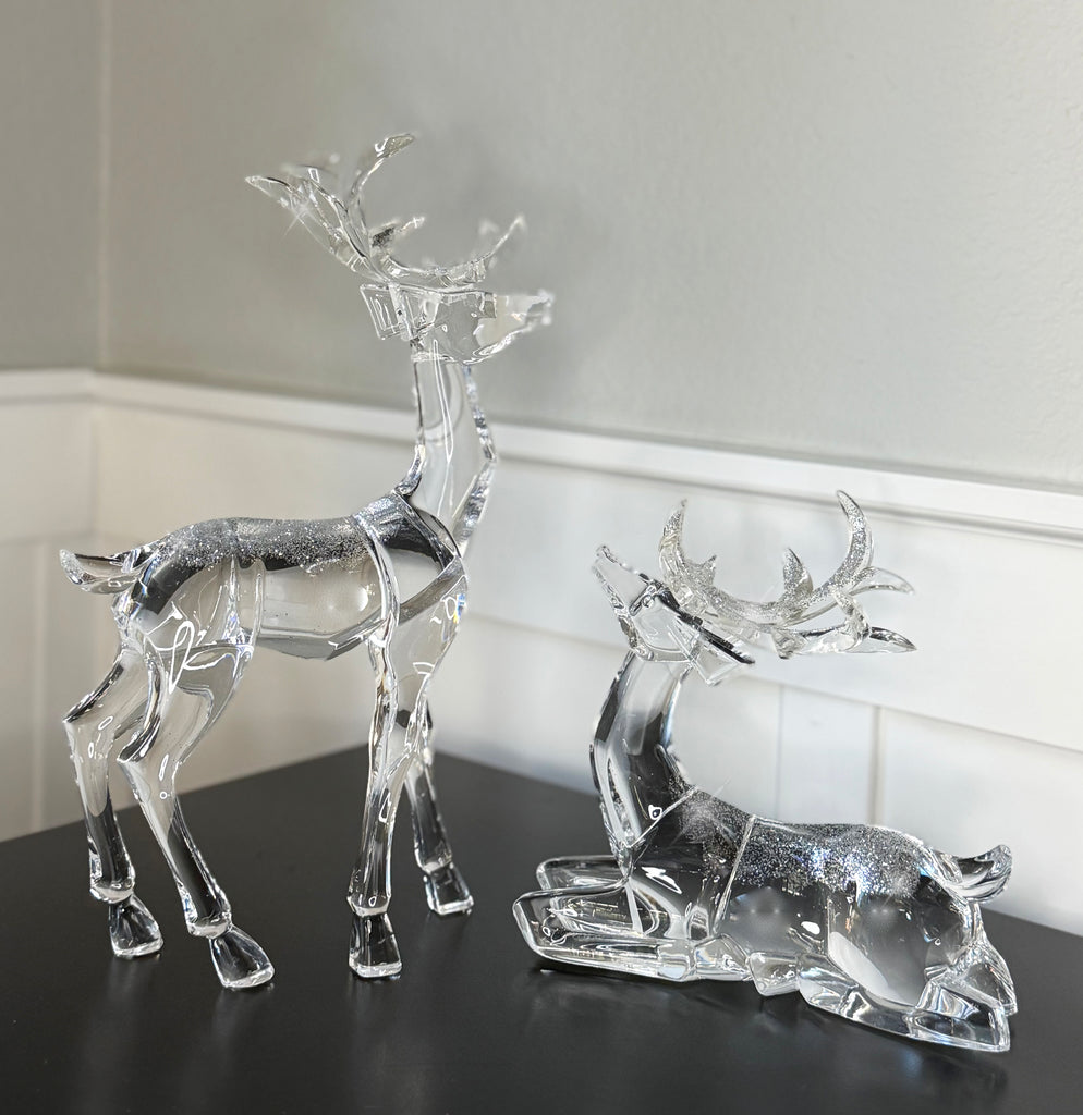 Crystal Look Acrylic Christmas Reindeer Sculptures, Set of 2, Glitter Accents, 11.5" and 7.5" High, Clear