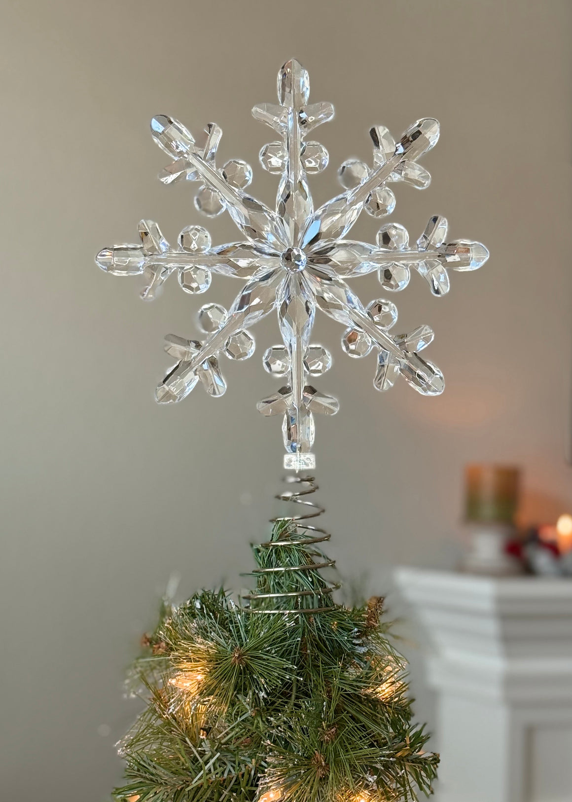 Crystal-Look Snowflake Christmas Tree Topper, 13 Inch, Clear and Silver, Jeweled Center