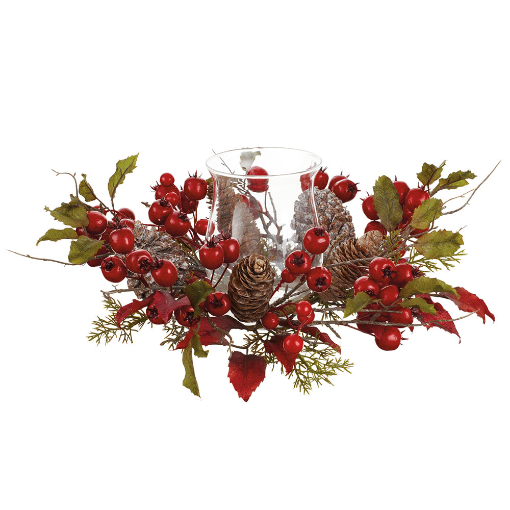 Holiday Glass Hurricane Candle Holder with Berries, 16" Wide x 6" High, Pine Cones and Red Berry Centerpiece