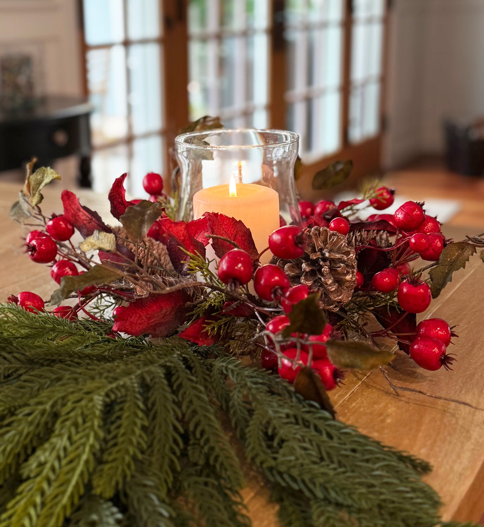 Holiday Glass Hurricane Candle Holder with Berries, 16" Wide x 6" High, Pine Cones and Red Berry Centerpiece