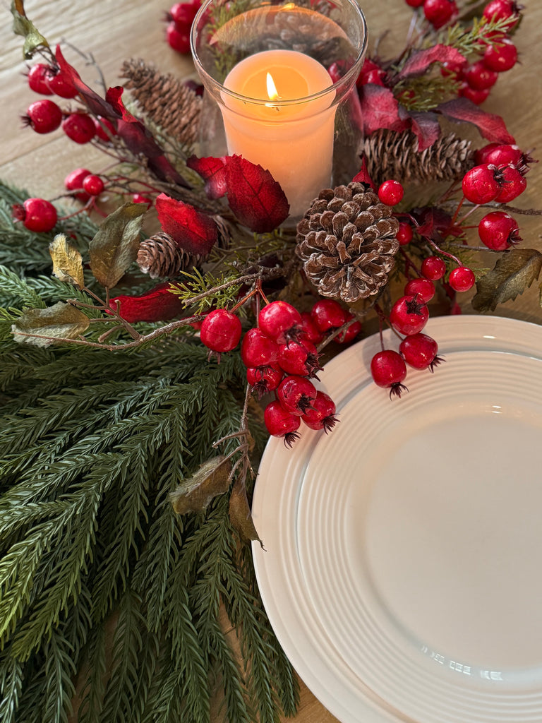Holiday Glass Hurricane Candle Holder with Berries, 16" Wide x 6" High, Pine Cones and Red Berry Centerpiece