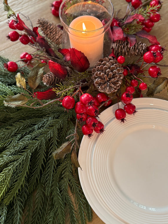 Holiday Glass Hurricane Candle Holder with Berries, 16" Wide x 6" High, Pine Cones and Red Berry Centerpiece